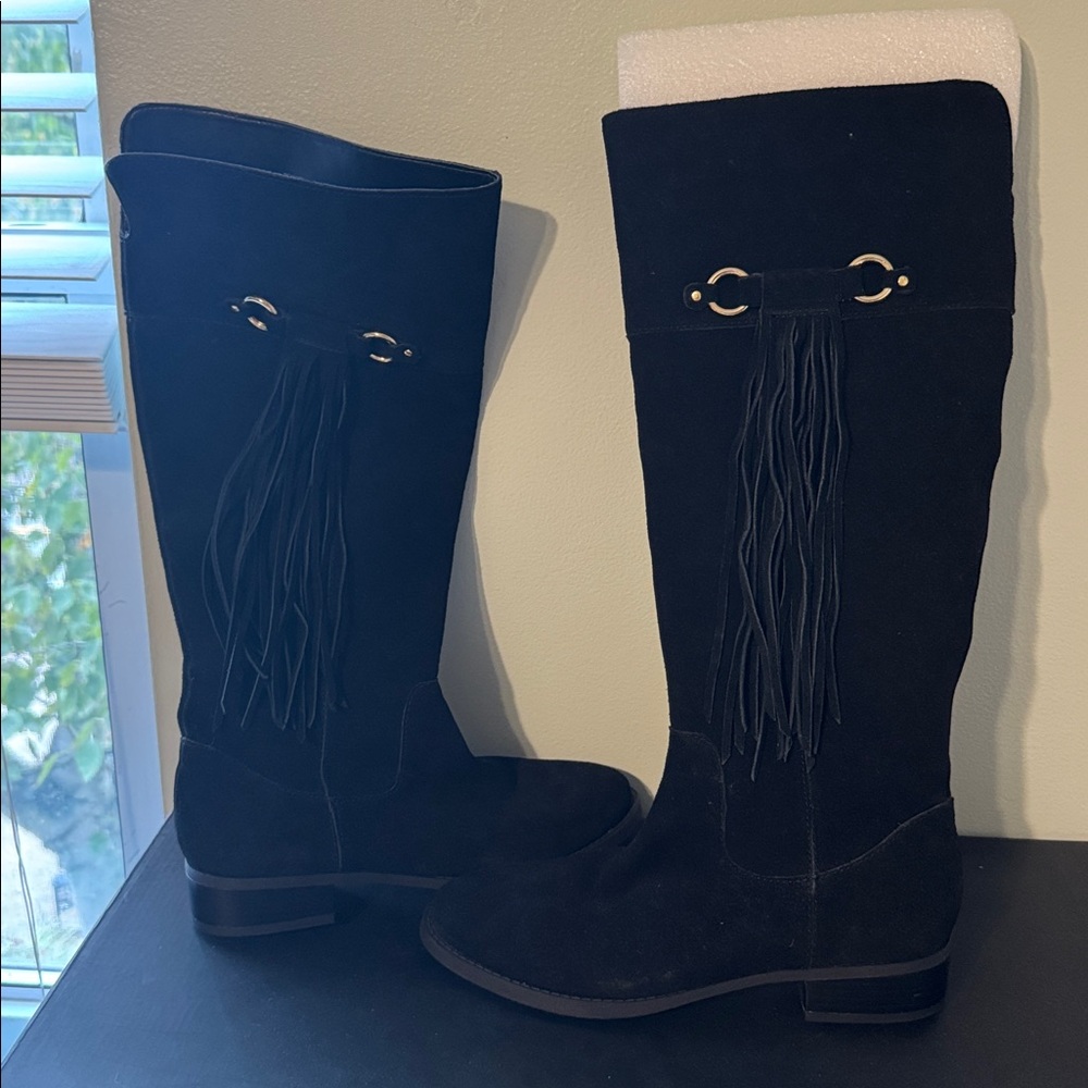 INC Wide Calf Black Suede Knee-High Boots with Tassels